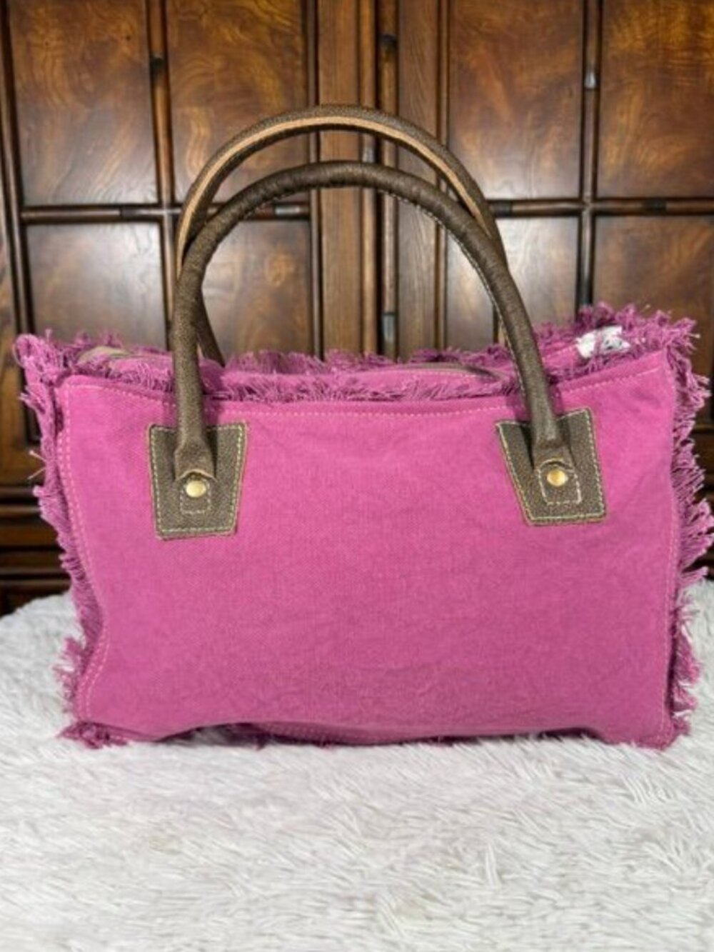 Myra SEL De MER Paris 100% Cotton Canvas Genuine Leather Handle Fringe Trim Bag - Picture 4 of 11
